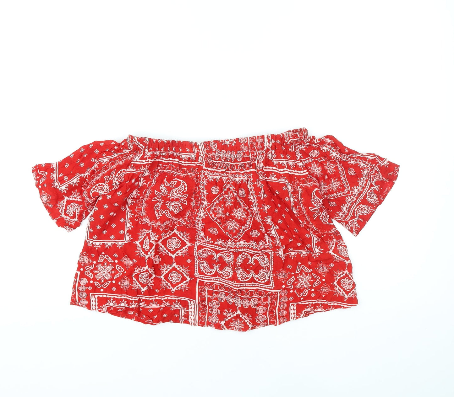 Select Womens Red Geometric Viscose Cropped Blouse Size 6 Off the Shoulder