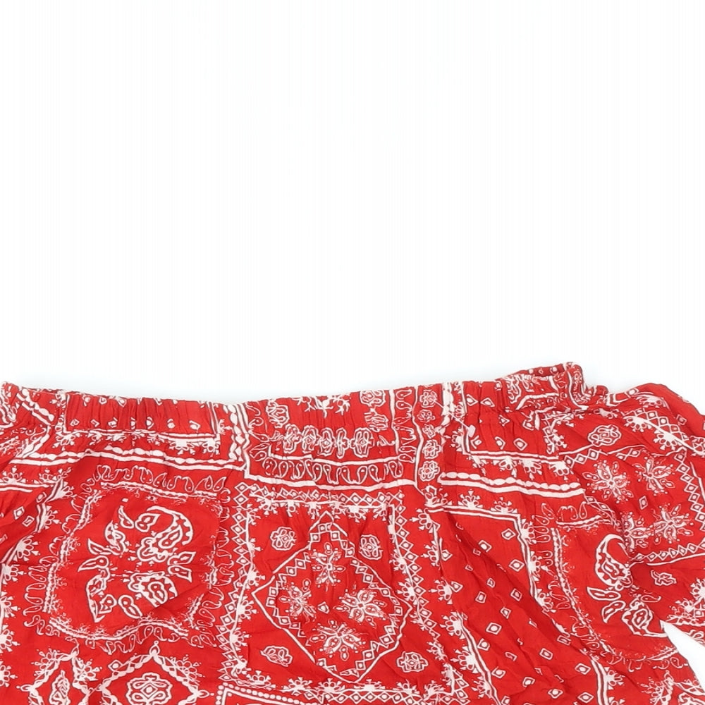 Select Womens Red Geometric Viscose Cropped Blouse Size 6 Off the Shoulder