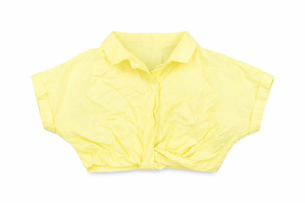 Front view of Zara girls’ yellow modal cropped button-up, size 6-7, years collared button