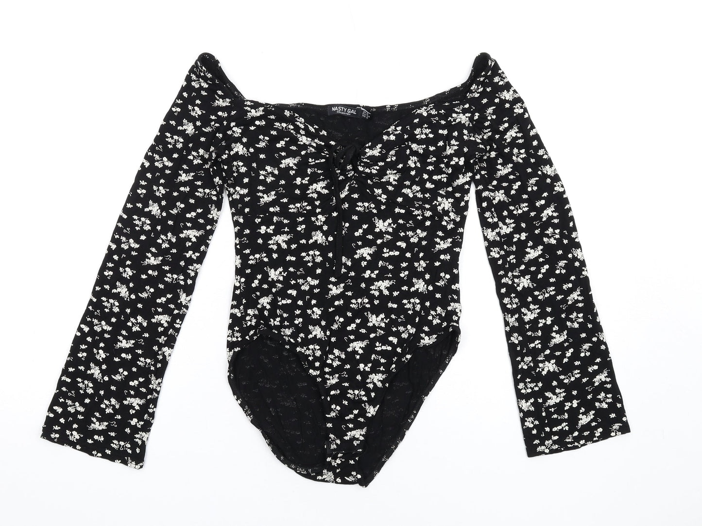 Nasty Gal Womens Black Floral Viscose Bodysuit One-Piece Size 6 Snap