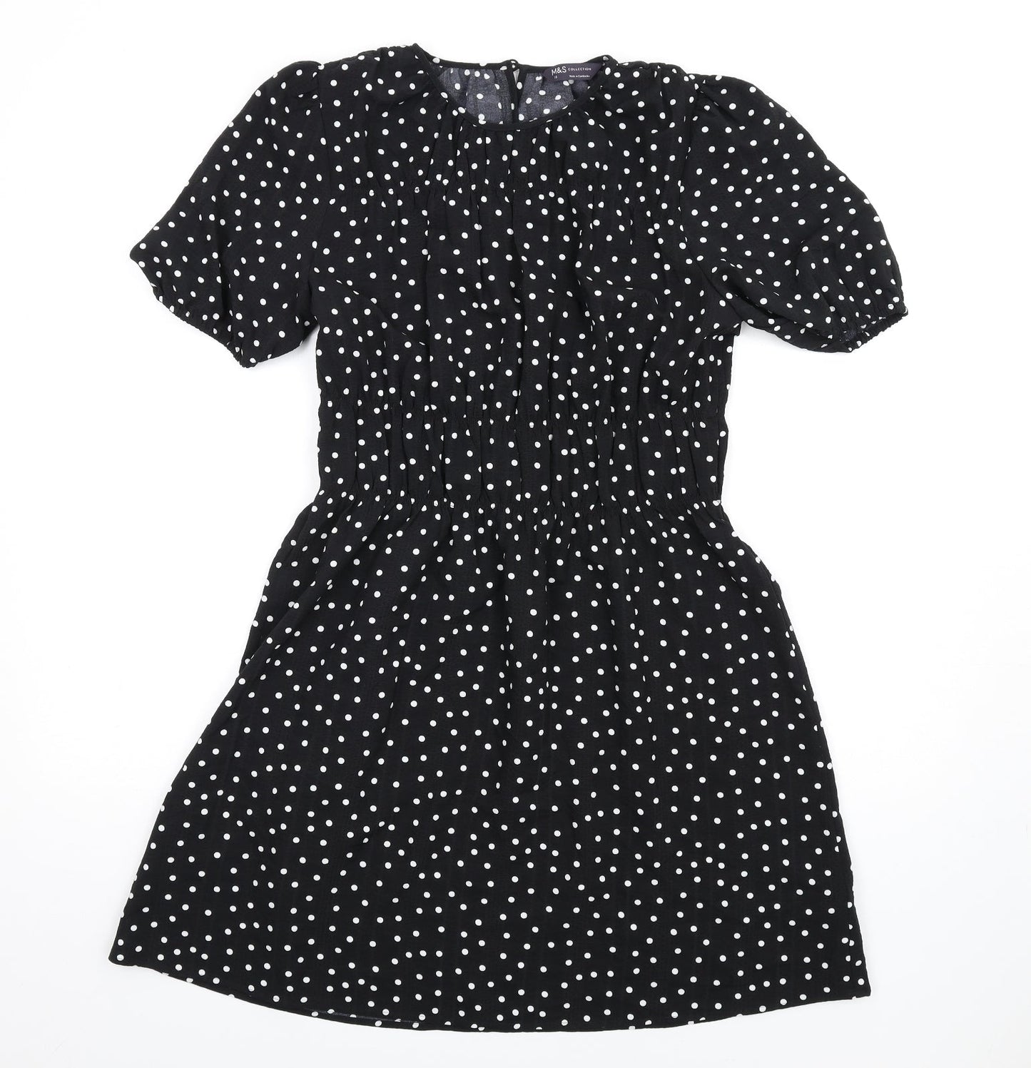 Marks and Spencer Womens Black Polka Dot Polyester A-Line Size 10 Round Neck Button