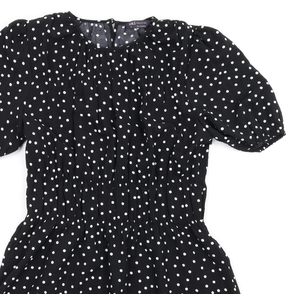 Marks and Spencer Womens Black Polka Dot Polyester A-Line Size 10 Round Neck Button
