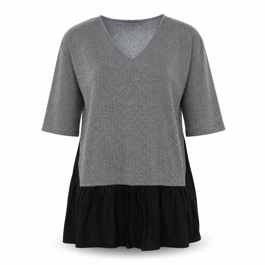 Front view of French Connection women’s grey herringbone polyester t-shirt dress, size S, v-neck pullover