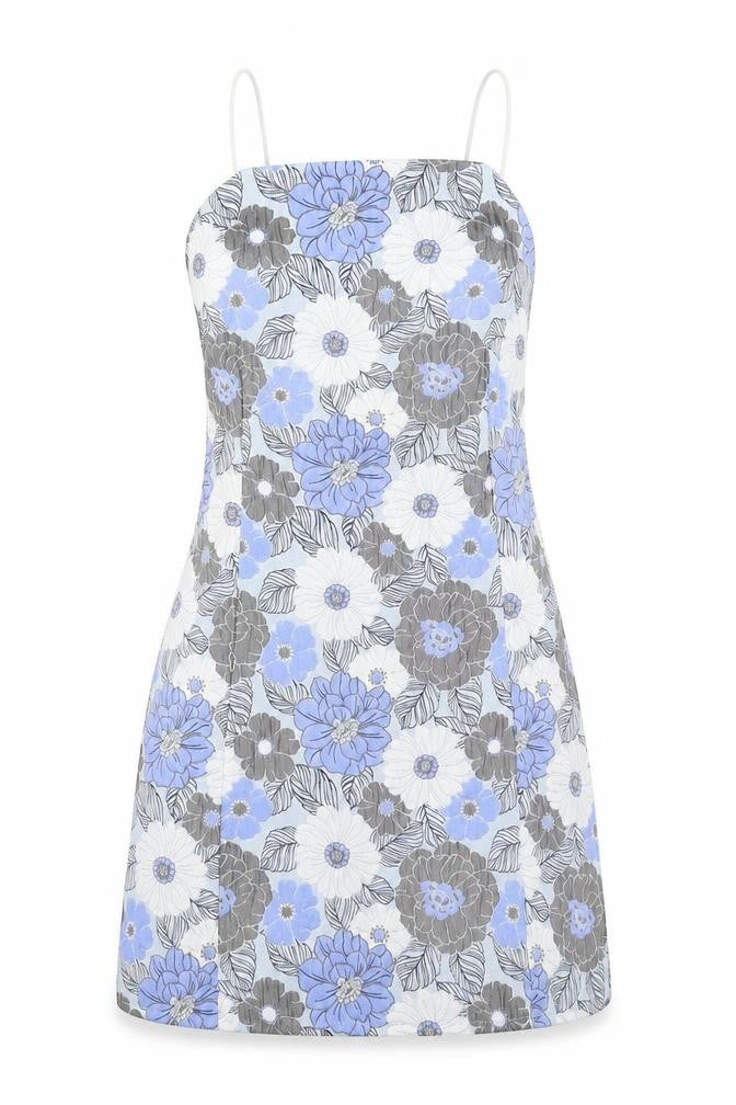 Missguided Womens Blue Floral Polyester Mini Size 10 Square Neck Zip
