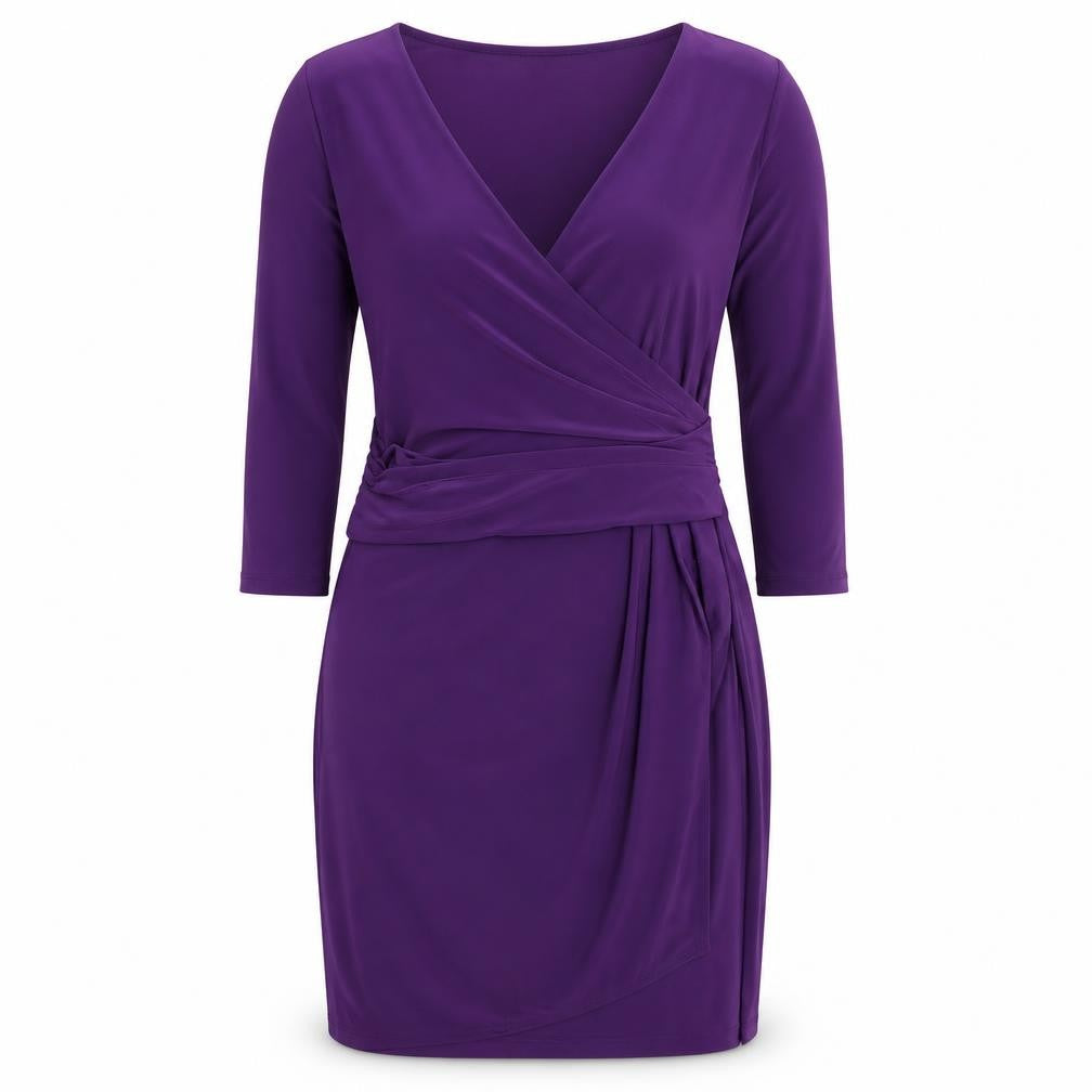 Front view of Kaliko women’s purple polyester pencil dress, size UK 14, v-neck pullover