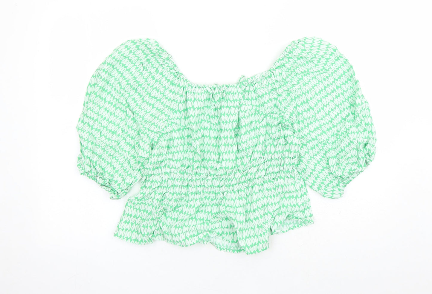 Marks and Spencer Womens Green Geometric Viscose Basic Blouse Size 14 Round Neck - Keyhole Neckline