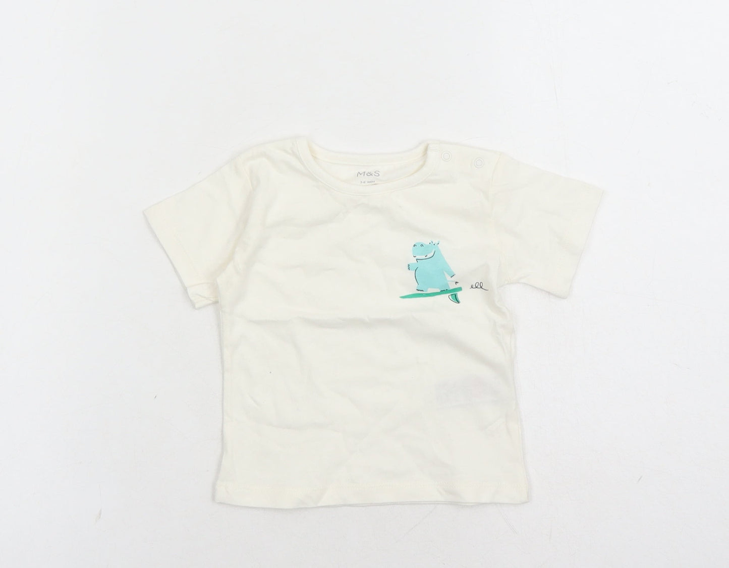 Marks and Spencer Boys Ivory 100% Cotton Basic T-Shirt Size 3-6 Months Round Neck Snap - Hippo Graphic