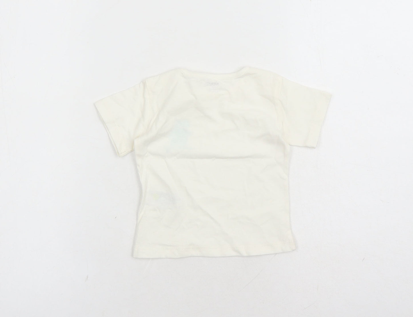 Marks and Spencer Boys Ivory 100% Cotton Basic T-Shirt Size 3-6 Months Round Neck Snap - Hippo Graphic
