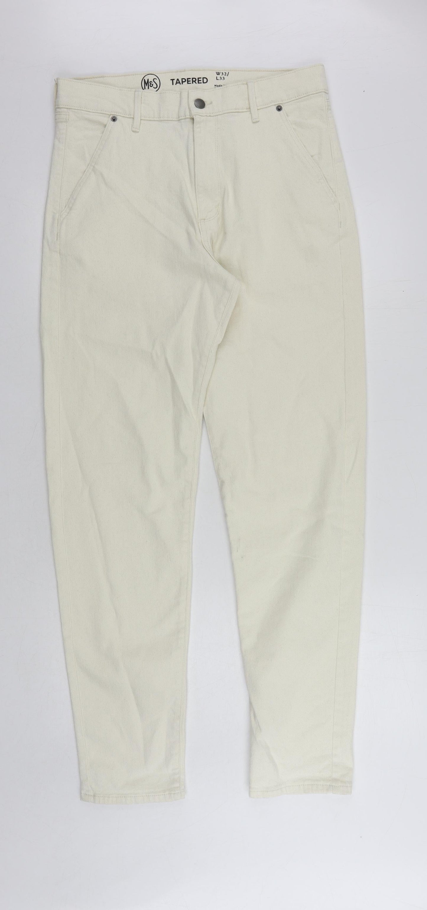 Marks and Spencer Womens Ivory Cotton Trousers Size 32 in L33 in Regular Button