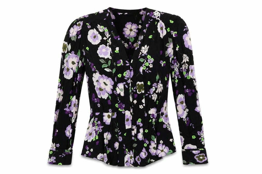 Marks and Spencer Womens Black Floral Viscose Basic Button-Up Size 8 V-Neck