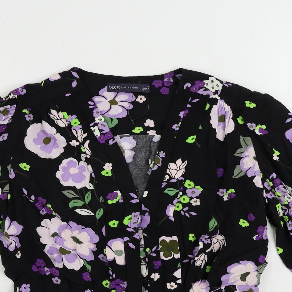 Marks and Spencer Womens Black Floral Viscose Basic Button-Up Size 8 V-Neck