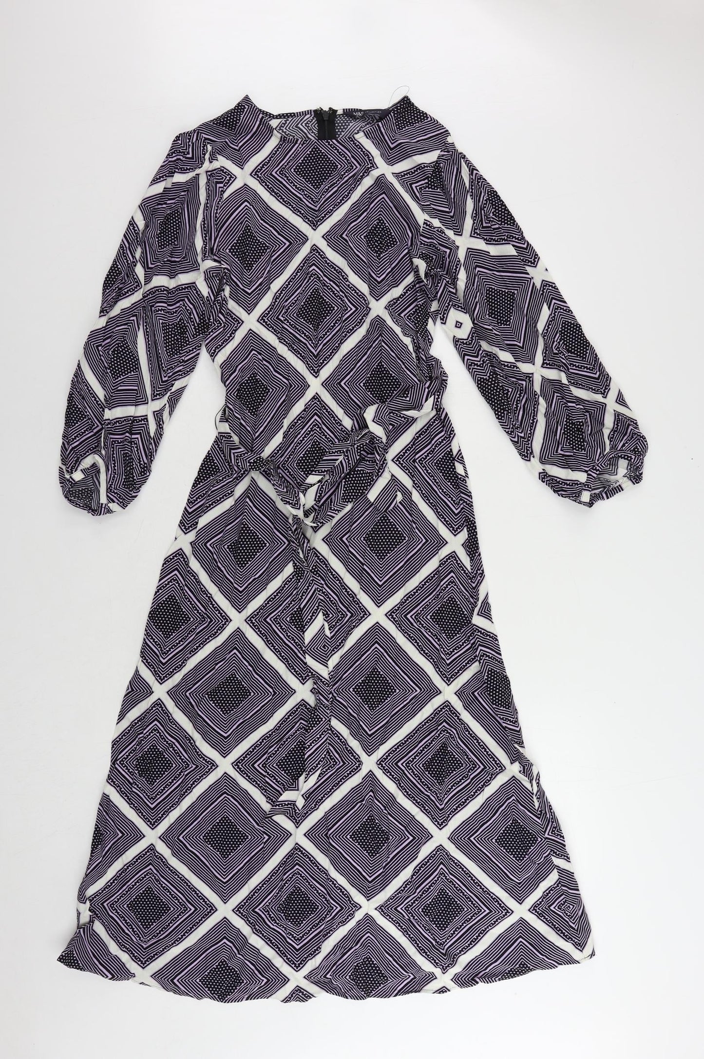 Marks and Spencer Womens Purple Geometric Viscose A-Line Size 8 Round Neck Zip - Belted