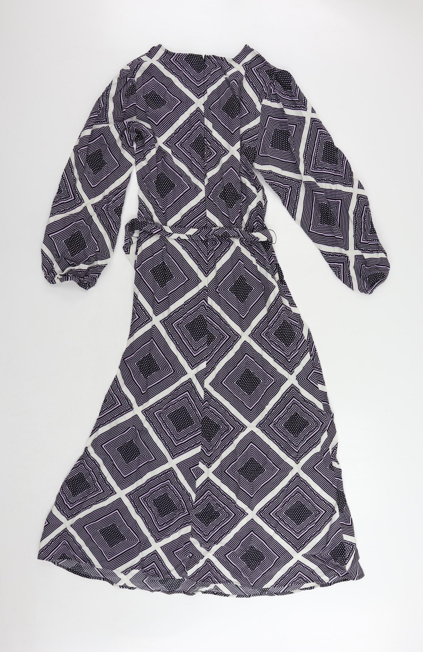 Marks and Spencer Womens Purple Geometric Viscose A-Line Size 8 Round Neck Zip - Belted