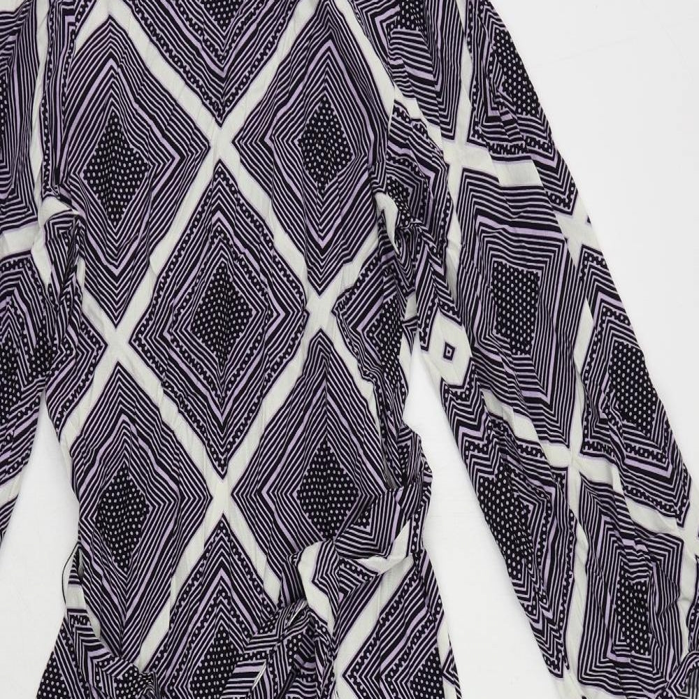 Marks and Spencer Womens Purple Geometric Viscose A-Line Size 8 Round Neck Zip - Belted