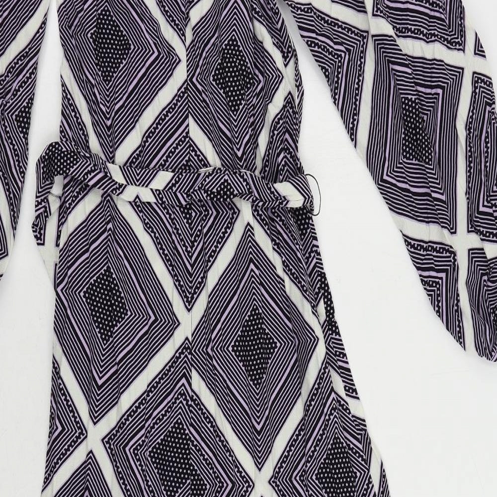 Marks and Spencer Womens Purple Geometric Viscose A-Line Size 8 Round Neck Zip - Belted