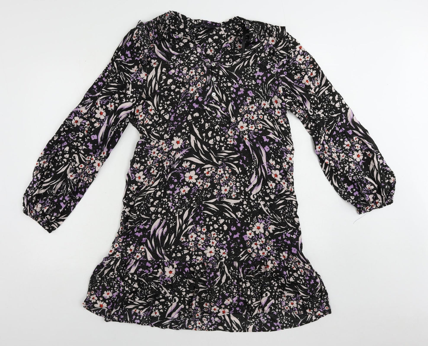 Marks and Spencer Womens Black Floral Viscose A-Line Size 16 V-Neck Button - Ruffle