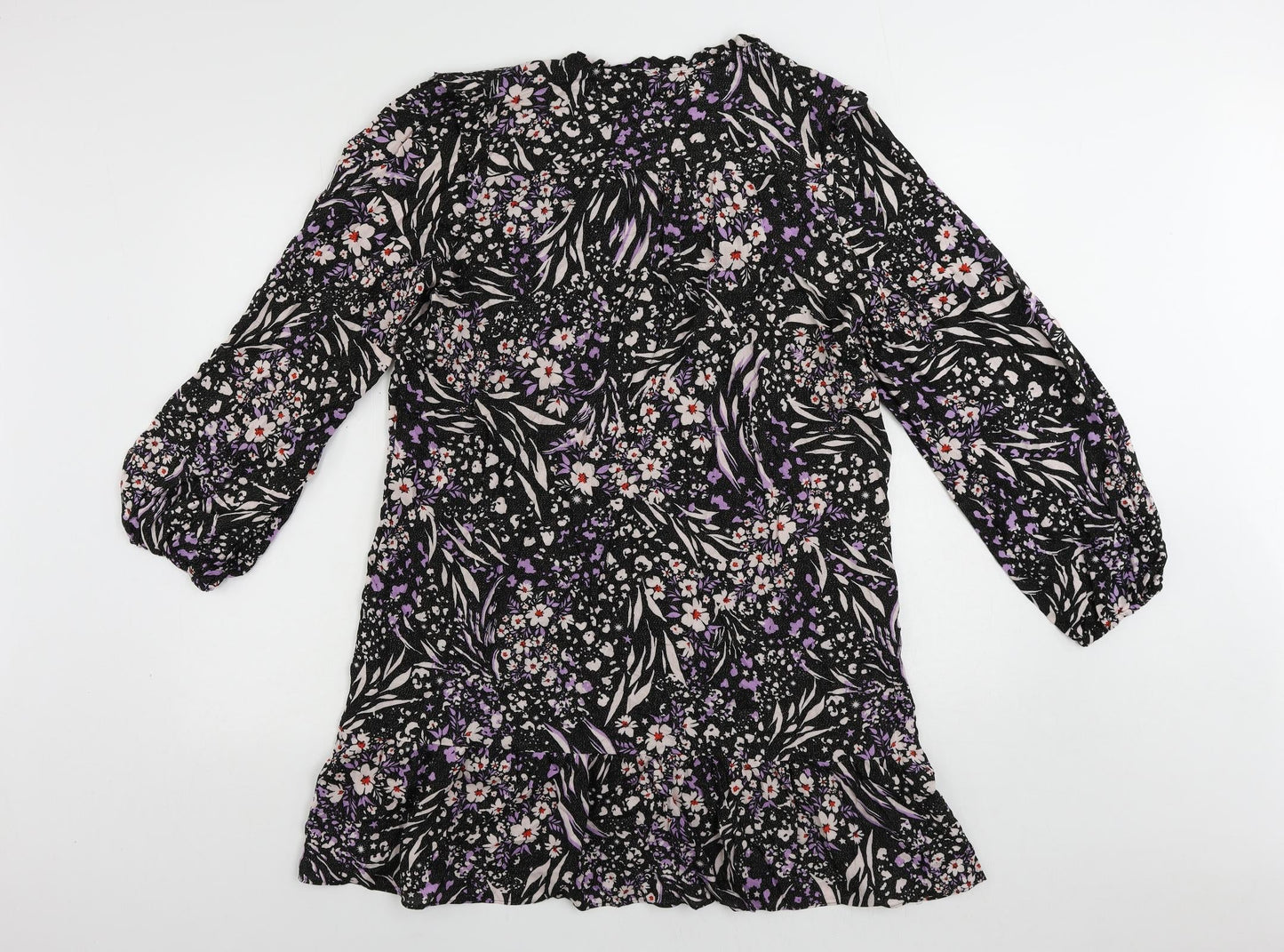 Marks and Spencer Womens Black Floral Viscose A-Line Size 16 V-Neck Button - Ruffle