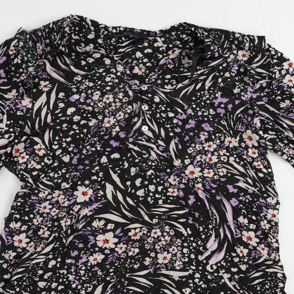 Marks and Spencer Womens Black Floral Viscose A-Line Size 16 V-Neck Button - Ruffle