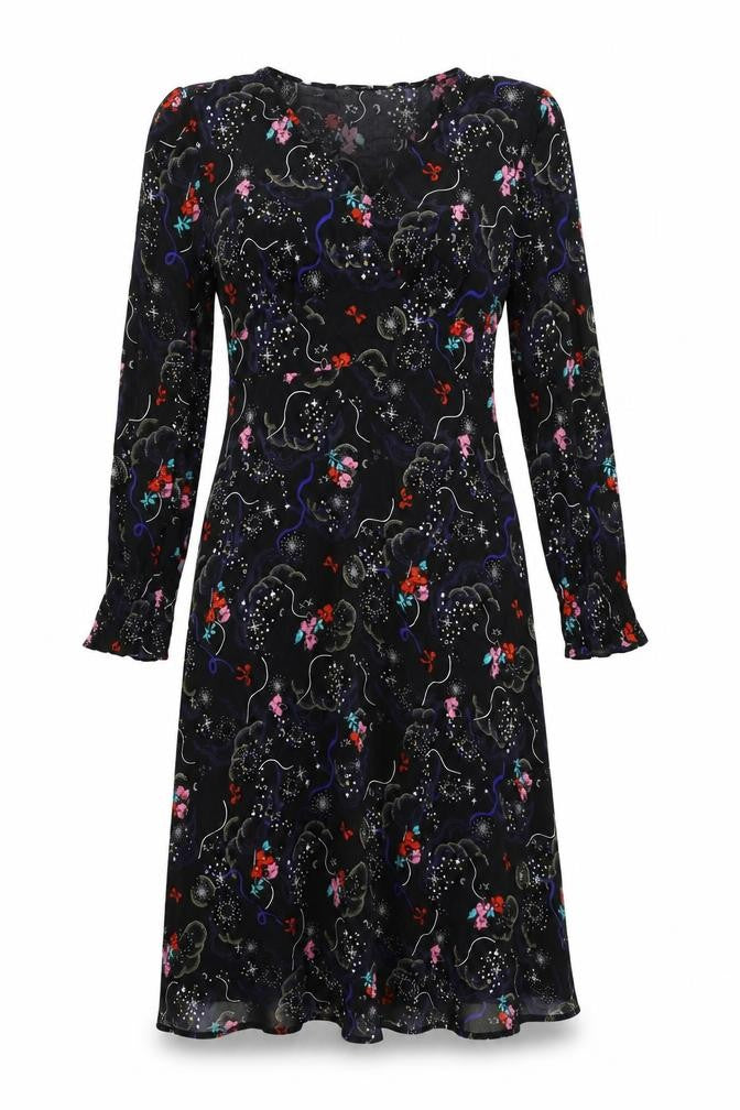 Marks and Spencer Womens Black Geometric Viscose A-Line Size 10 V-Neck Zip