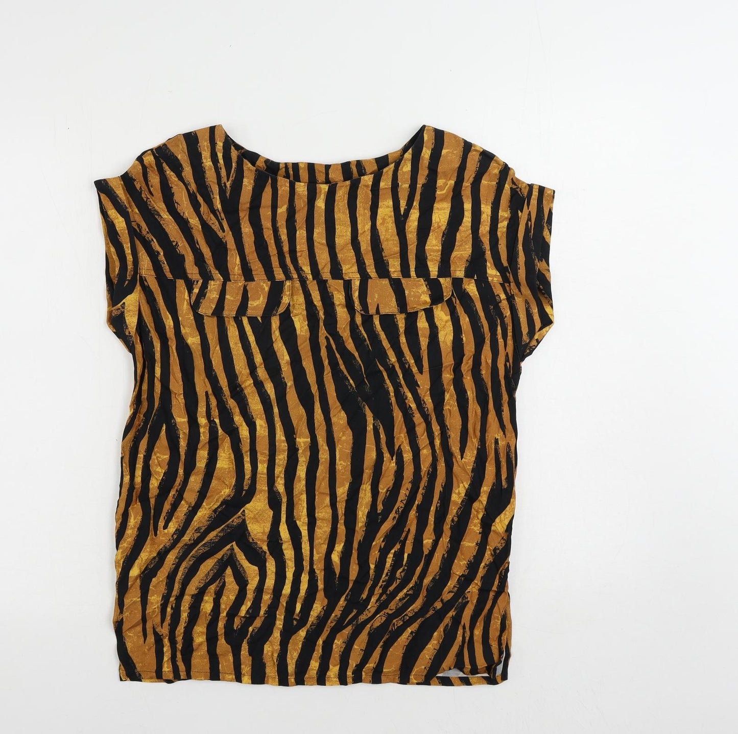 NEXT Womens Brown Animal Print Viscose Basic Blouse Size 8 Boat Neck