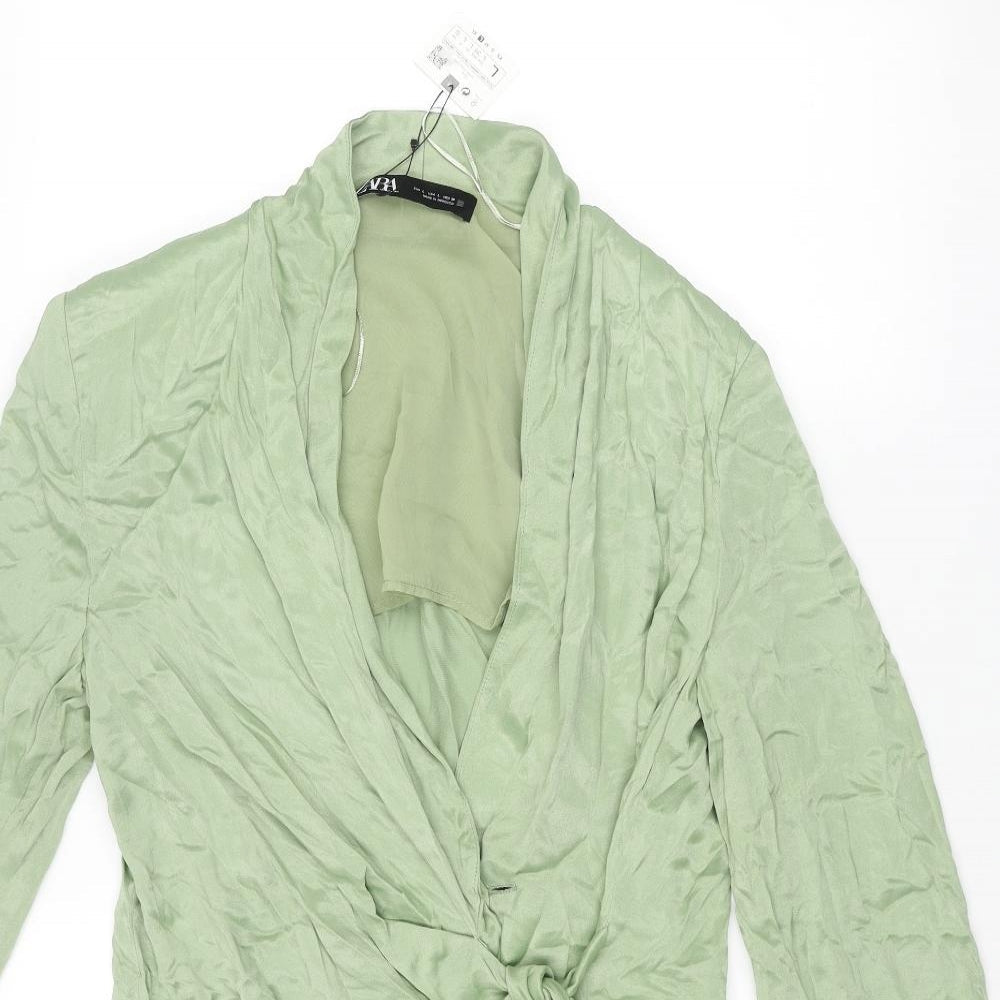 Zara Womens Green Viscose Wrap Dress Size L V-Neck Button