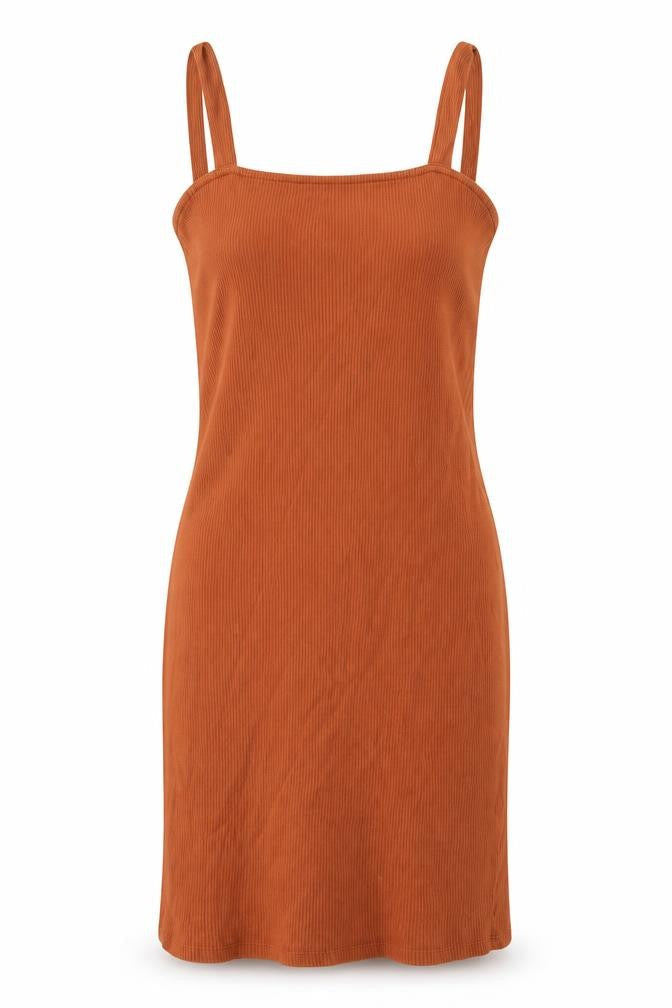 Front view of ASOS women’s brown cotton tank dress, size UK 10, square neck pullover - ribbed