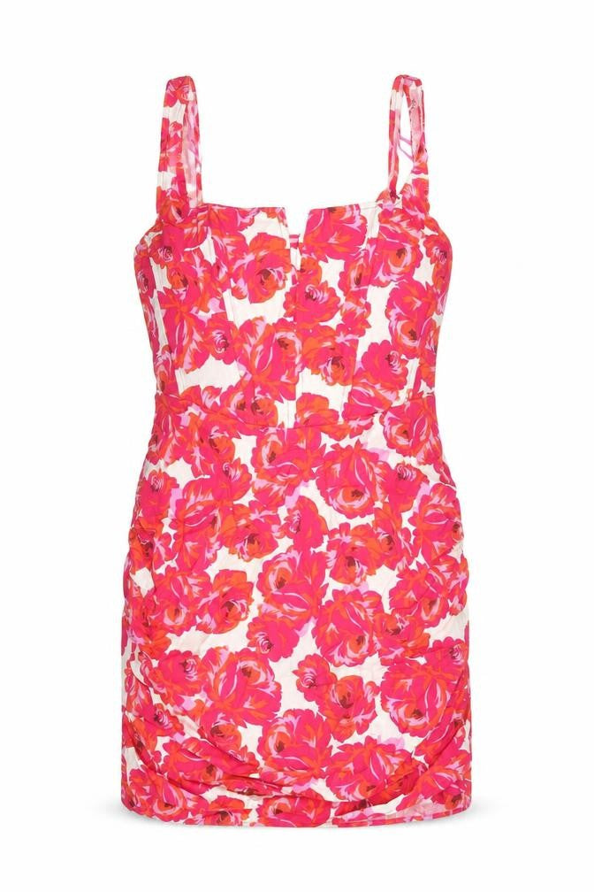 Stradivarius Womens Pink Floral Cotton Mini Size L Square Neck Zip - Corset Bodice Rouched