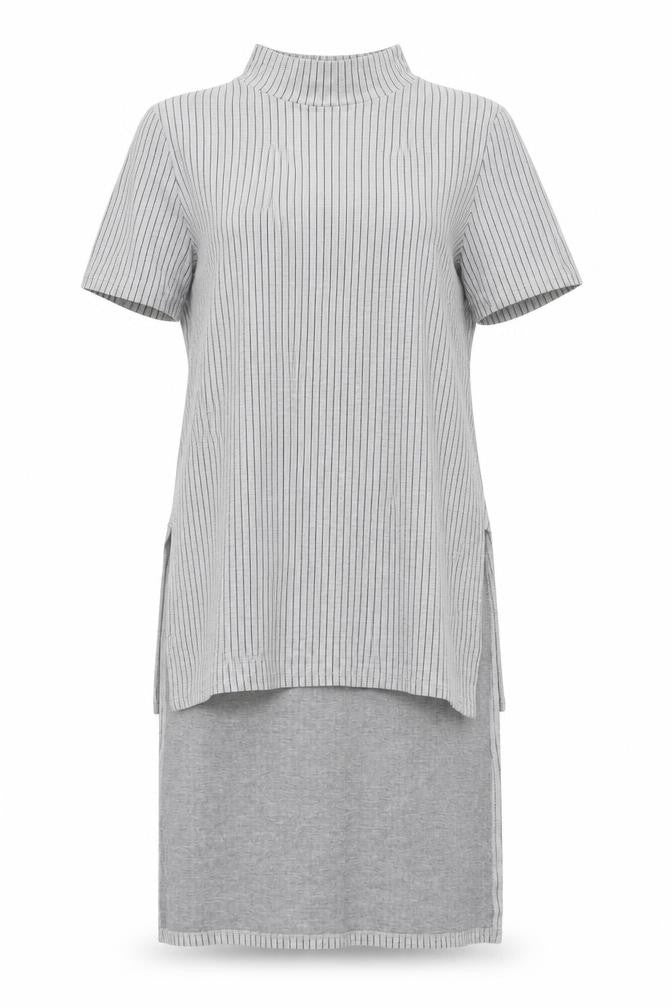 Zara Womens Grey Striped Polyester Tunic Blouse Size S Mock Neck - Hi-Low Hem Side Slits