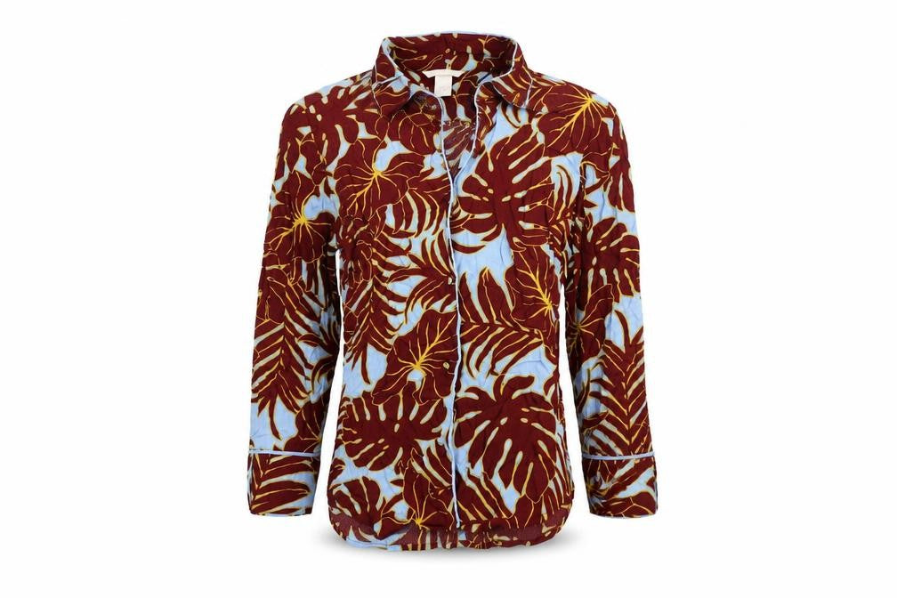 H&M Womens Red Geometric Viscose Basic Button-Up Size 4 Collared - Leaf Pattern