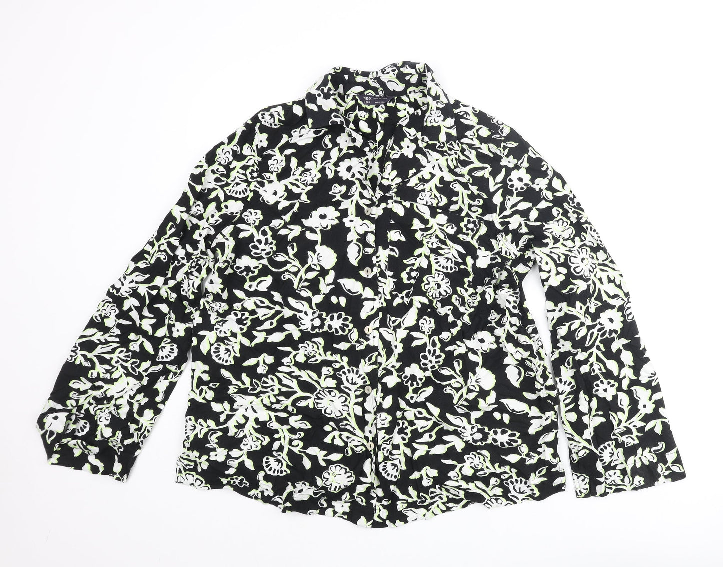 Marks and Spencer Womens Black Floral Viscose Basic Button-Up Size 14 Collared