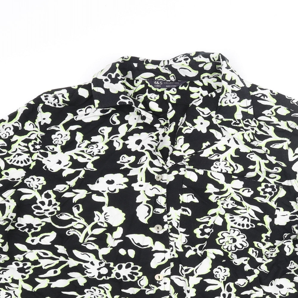 Marks and Spencer Womens Black Floral Viscose Basic Button-Up Size 14 Collared