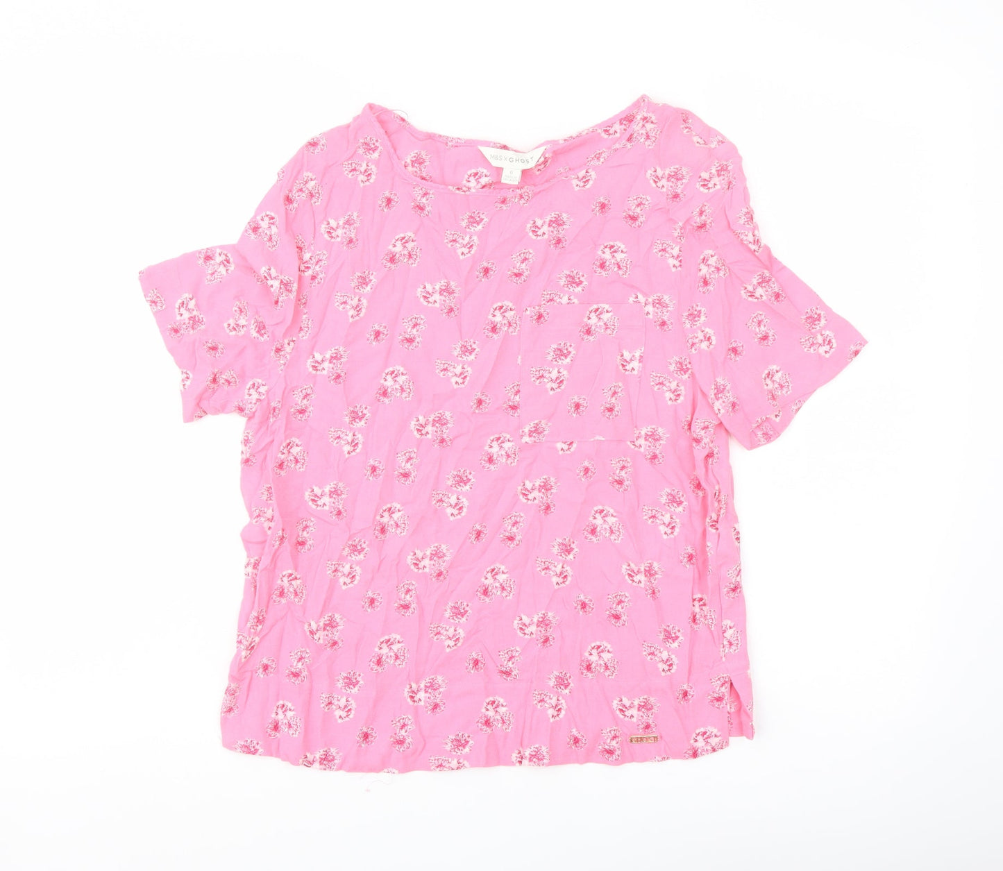 Marks and Spencer Womens Pink Floral Viscose Basic Blouse Size 6 Round Neck