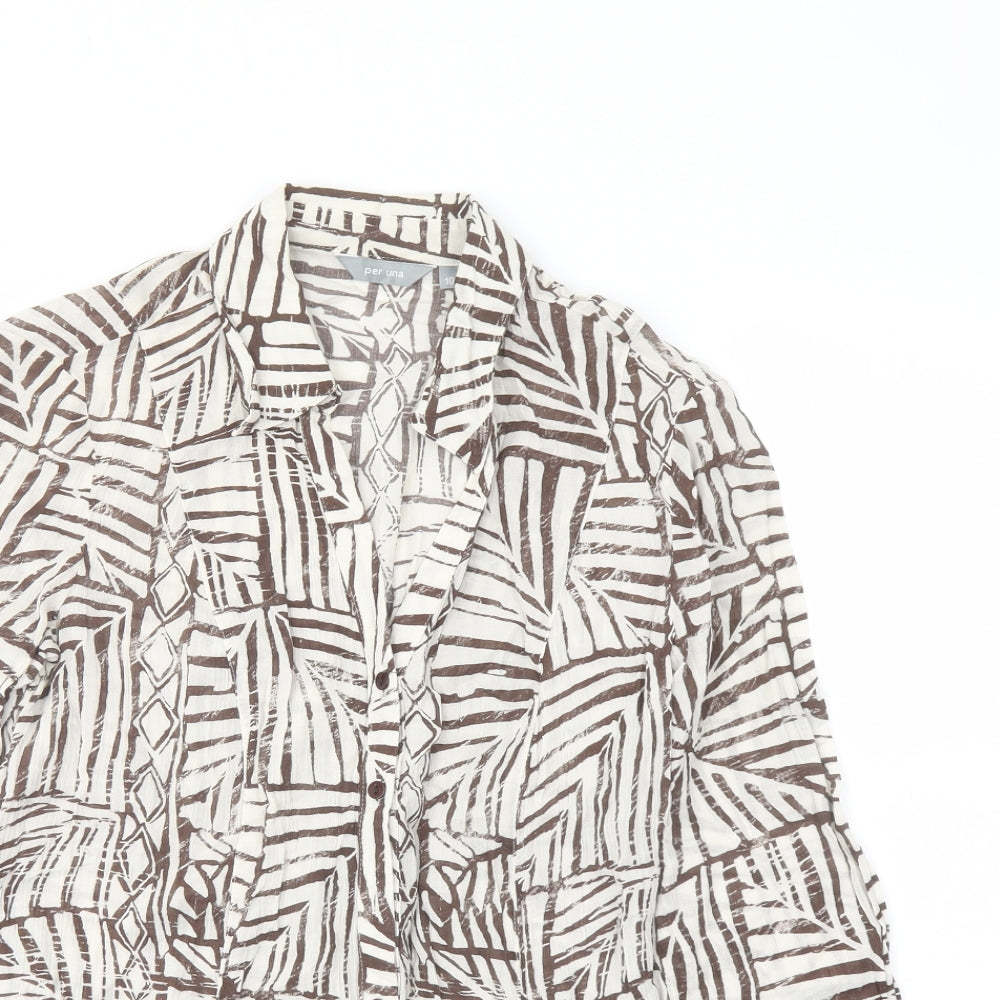 Per Una Womens Beige Geometric Cotton Basic Button-Up Size 10 Collared