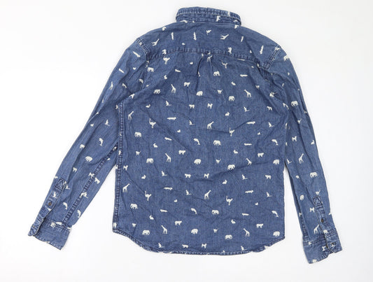 graniph Mens Blue Geometric Cotton Button-Up Size M Collared Button - Animals
