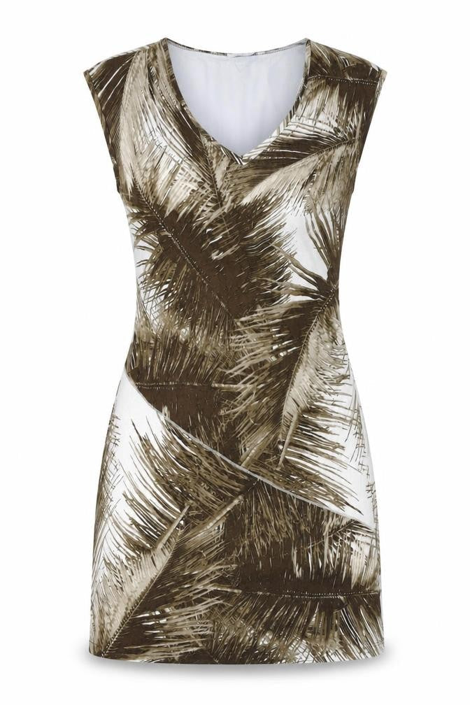 Front view of Oui women’s brown floral viscose bodycon, size UK 12, v-neck pullover
