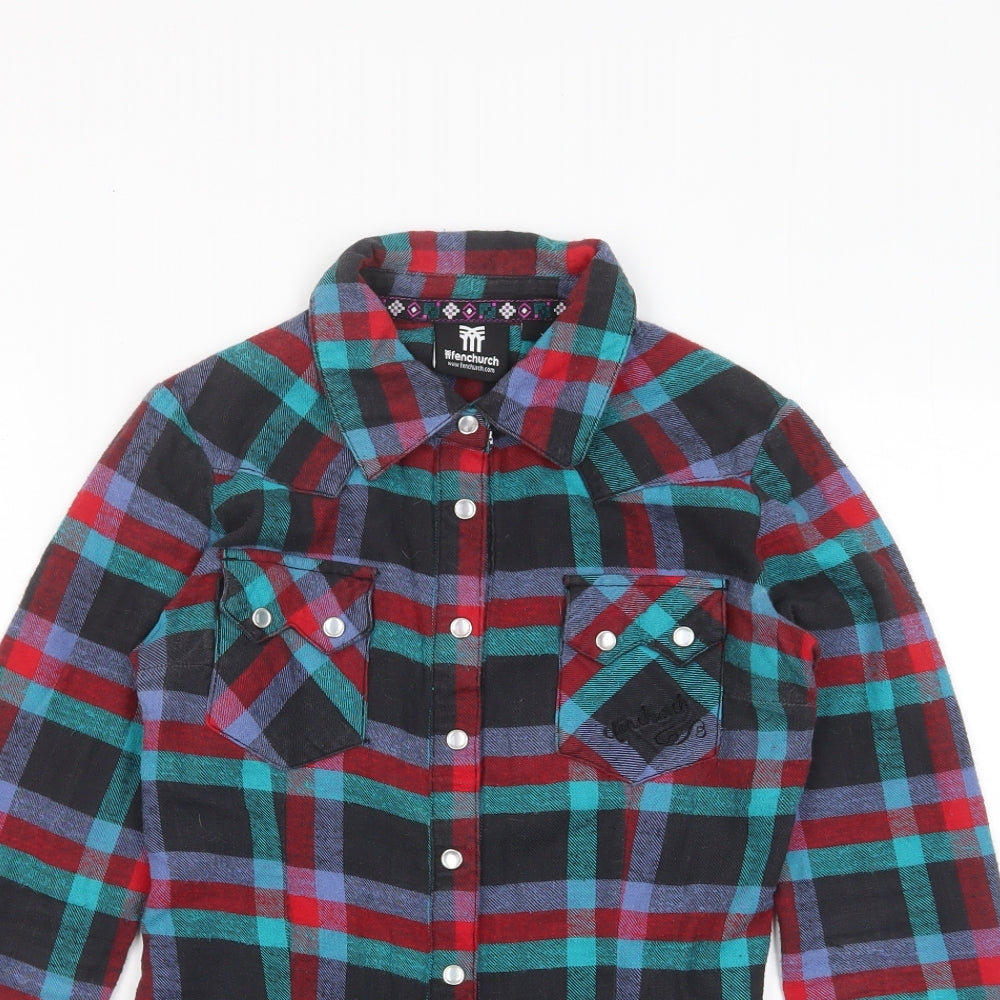 Fenchurch Womens Multicoloured Plaid Cotton Basic Button-Up Size 2XS Collared - Logo, Embroided