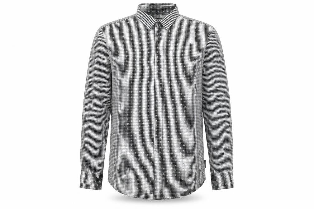 Front view of French Connection men’s grey geometric cotton button-up, size M, collared button