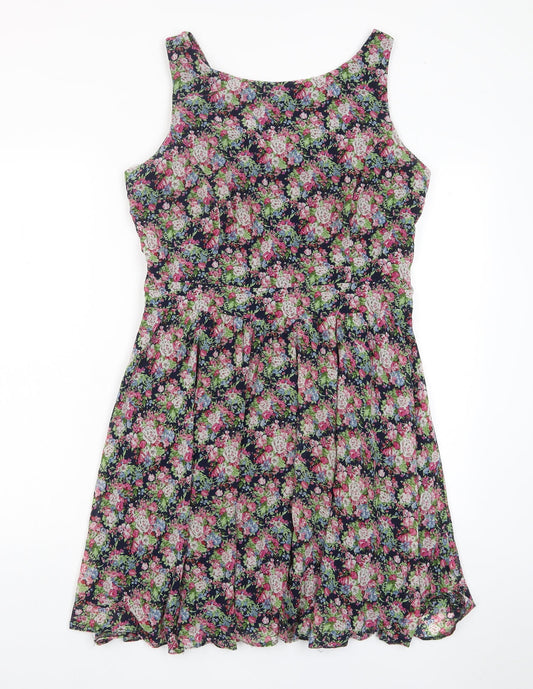 Lady Vintage Womens Multicoloured Floral Polyester A-Line Size 16 Boat Neck Zip - Pleated