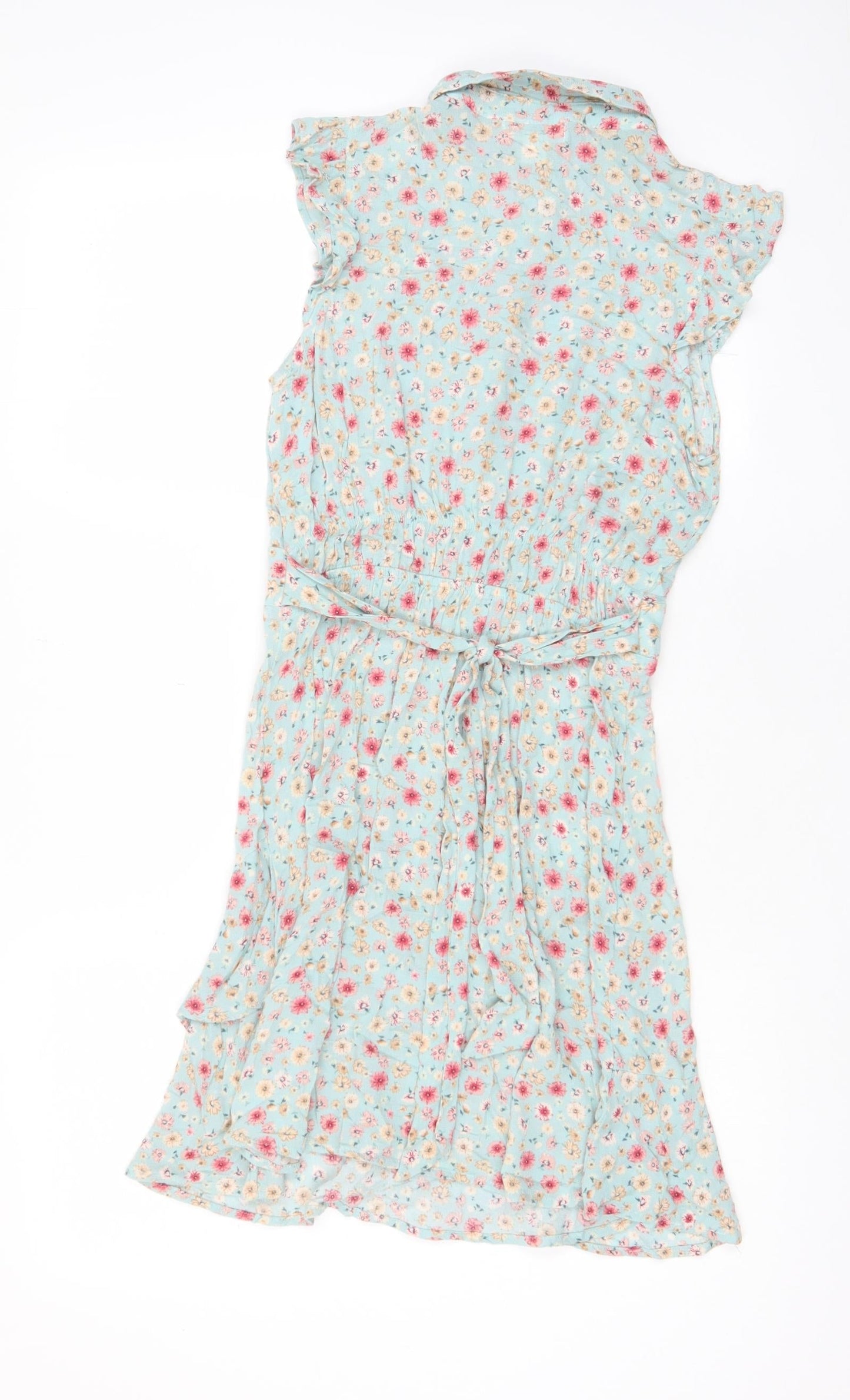 Monteau Womens Blue Floral Viscose A-Line Size S Collared Button - Belted