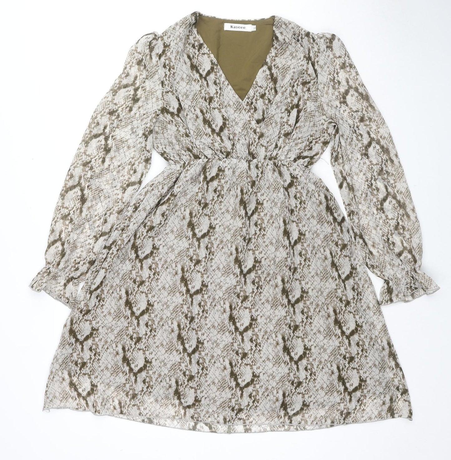 Kaycee Womens Beige Animal Print Polyester Fit & Flare Size L V-Neck Pullover - Snake Pattern