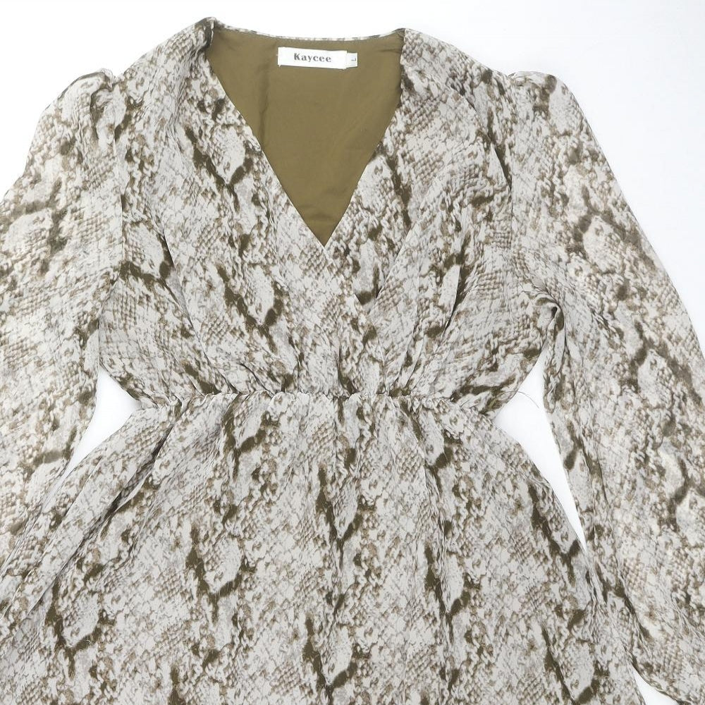 Kaycee Womens Beige Animal Print Polyester Fit & Flare Size L V-Neck Pullover - Snake Pattern