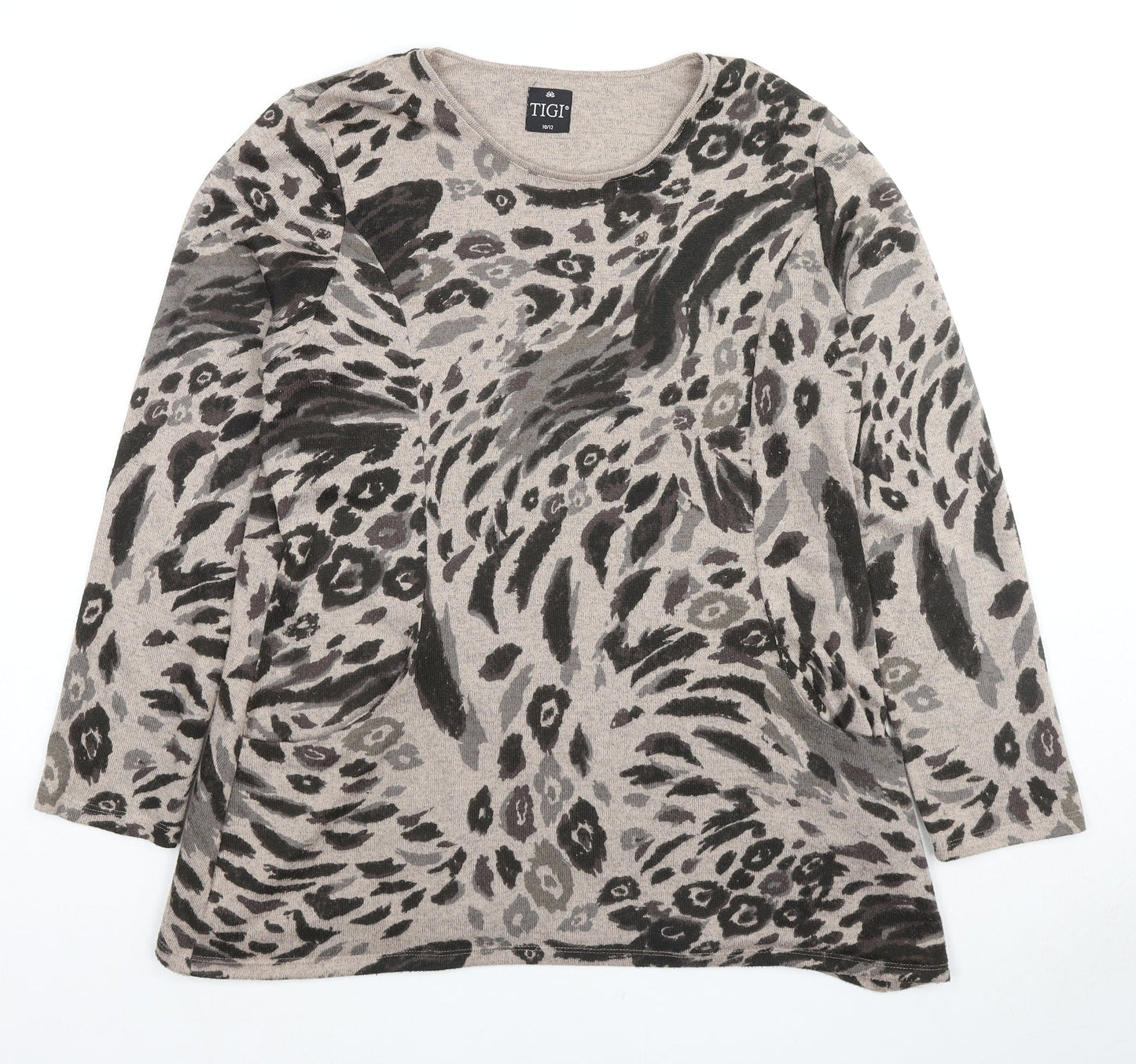 TIGI Womens Beige Round Neck Geometric Polyester Tunic Jumper Size 10 - Size 10-12 Pockets