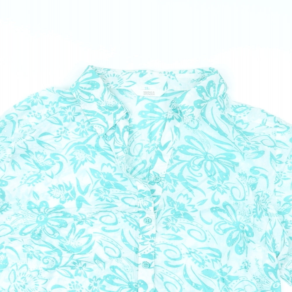 Marks and Spencer Womens Green Floral Cotton Basic Button-Up Size 16 Collared