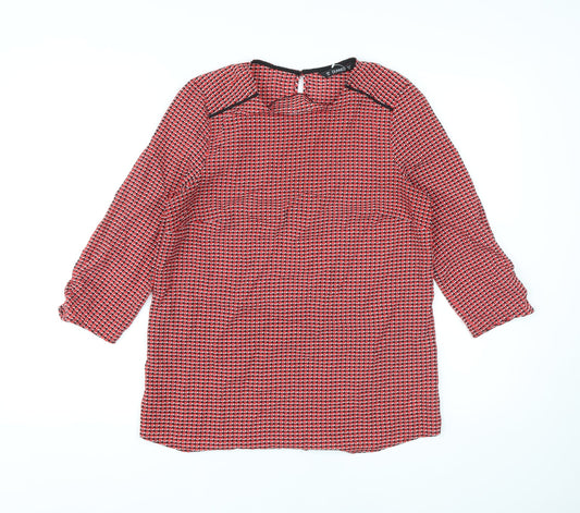Dunnes Stores Womens Red Geometric Polyester Basic Blouse Size XS Round Neck