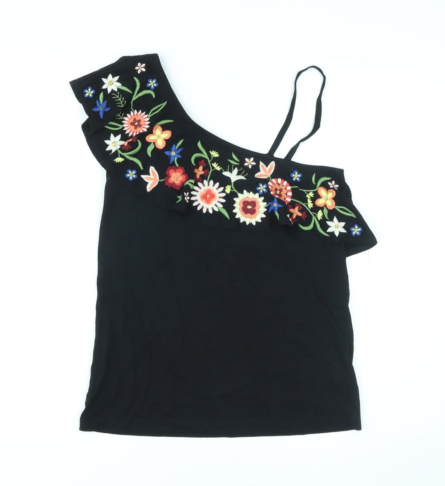 NEXT Womens Black Floral Cotton Basic Tank Size 6 One Shoulder - Embroidery