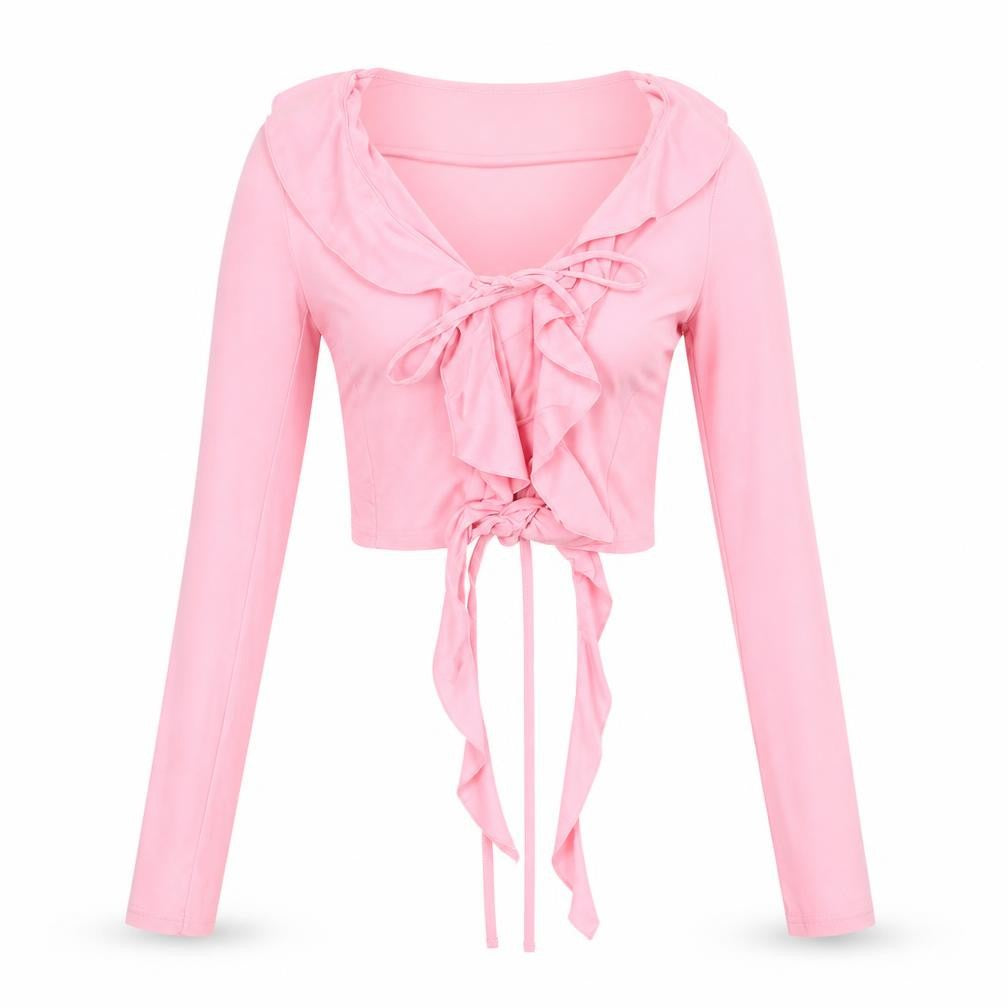 Public Desire Womens Pink Polyester Cropped Blouse Size 6 V-Neck - Ruffle