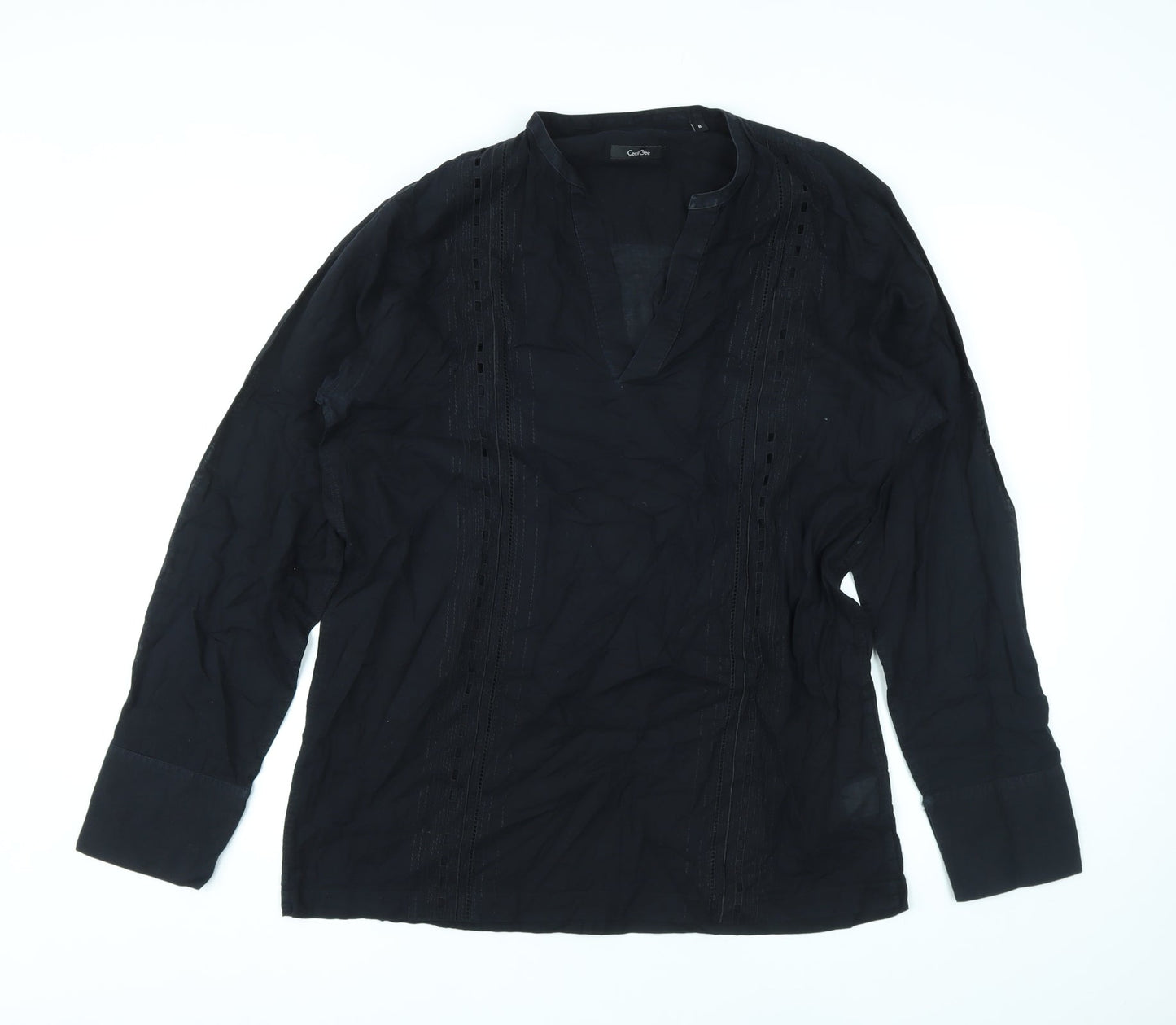 Cecil Gee Womens Black Geometric Cotton Basic Blouse Size M V-Neck - Embroidery