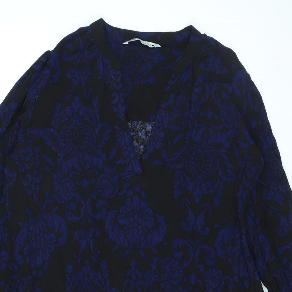 Zara Womens Black Geometric Viscose A-Line Size XL V-Neck Pullover