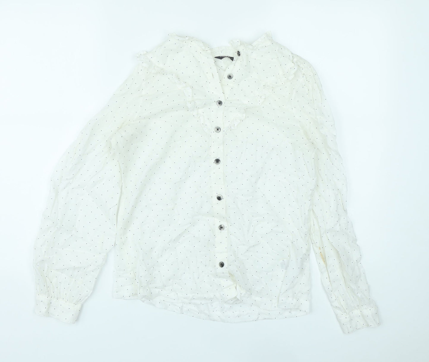 Marks and Spencer Womens White Polka Dot Lyocell Basic Button-Up Size 8 V-Neck