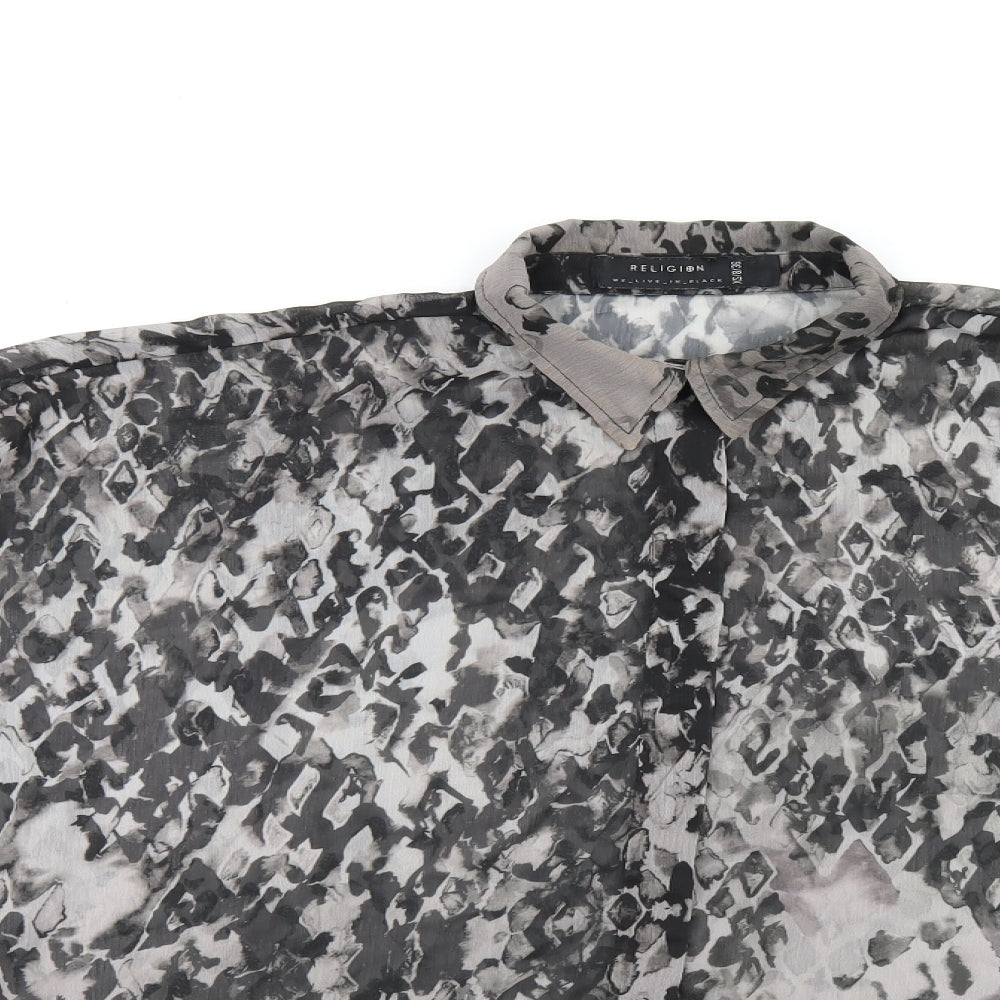 Religion Womens Grey Geometric Polyester Basic Button-Up Size 8 Collared